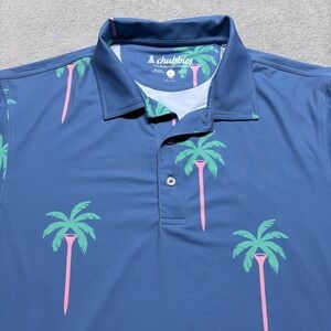 Chubbies Mens L Golf Tee Polo Shirt Blue Palm Tree Short Sleeve Performance